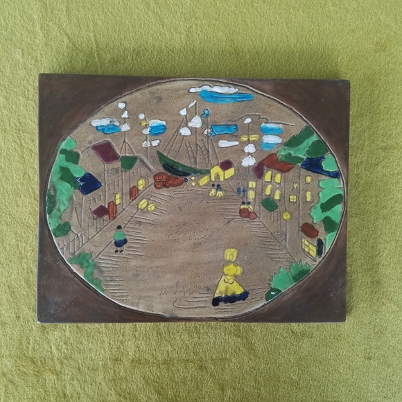 Vintage 70s Ceramic Tile Old Wold Harbor Town Scene Vtg Whimsical Unique Decor - Picture 6 of 9
